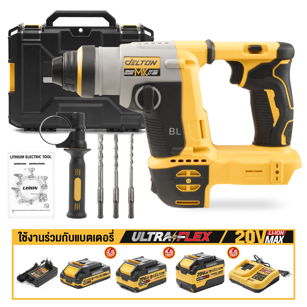 สว่านโรตารี่ไร้สาย (พร้อมแบตเตอรี่) DELTON รุ่น MKT-X5 ULTRAFLEX 20V 4AH_9